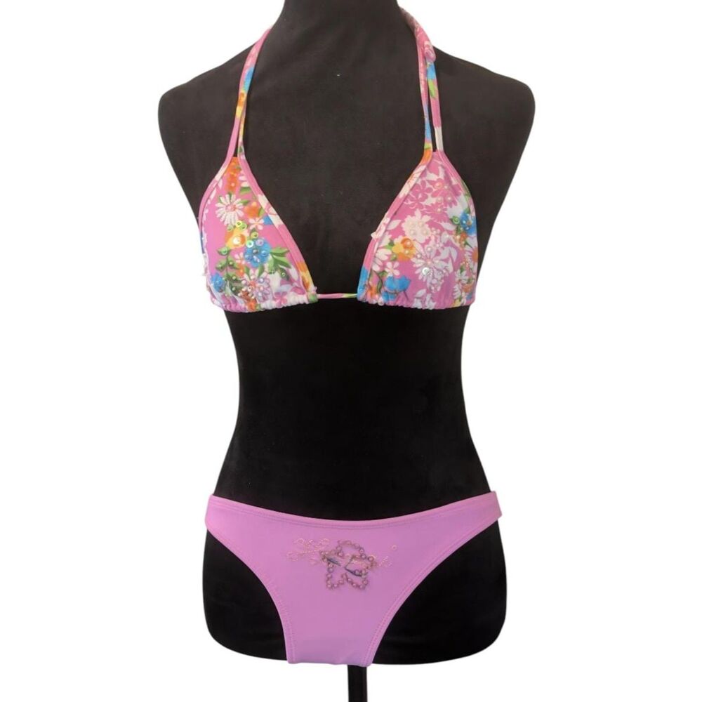 Salinas Beaded Sequin Floral Brazil Triangle Bikini Set, Size Large (Tam G)